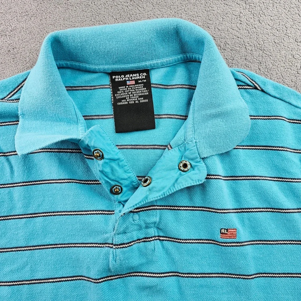 Polo Jeans Co. Ralph Lauren Polo Shirt Mens Medium Blue Striped Golf Performance